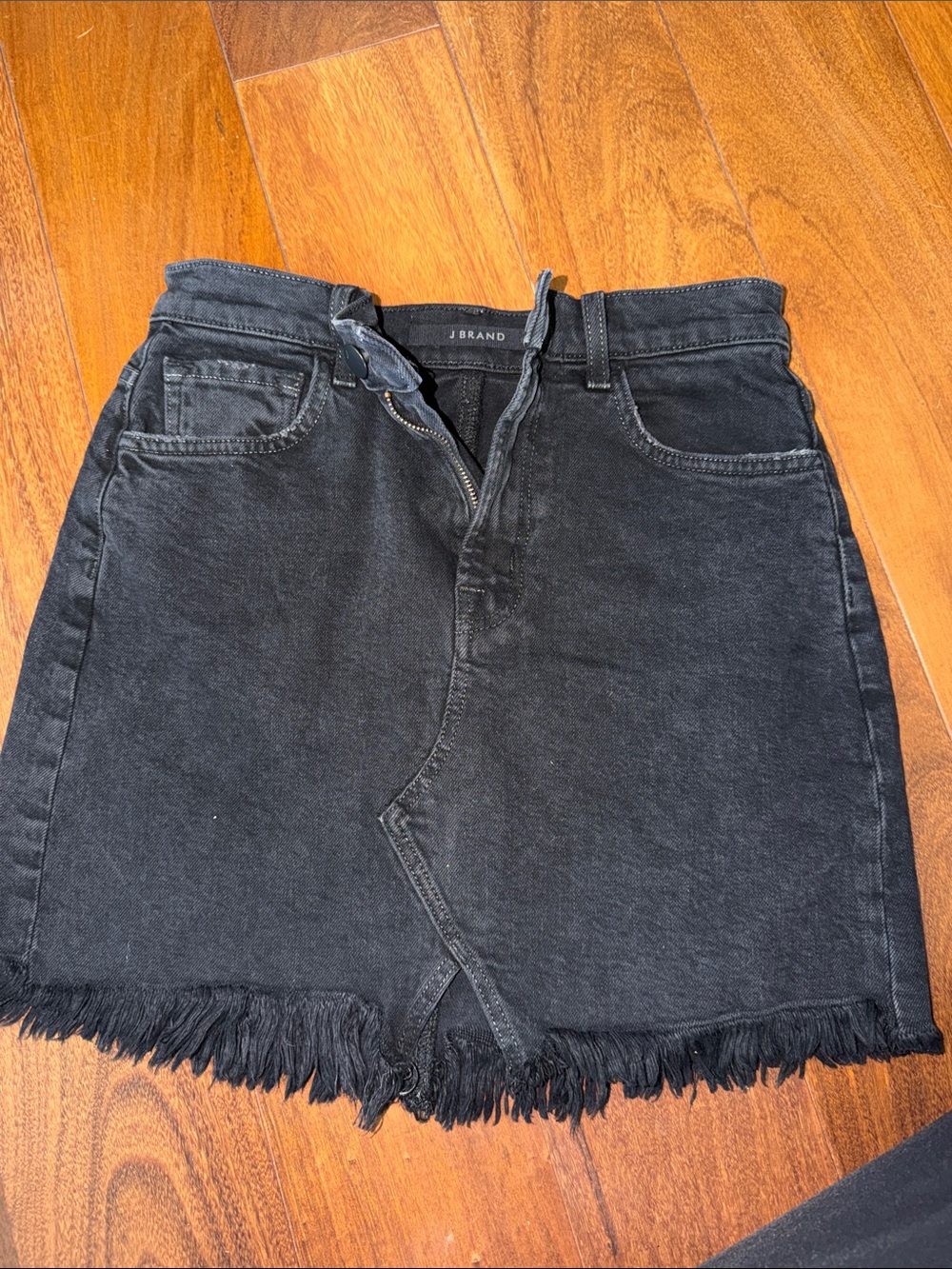 J Brand Black Denim Mini Skirt with Fringe Hem